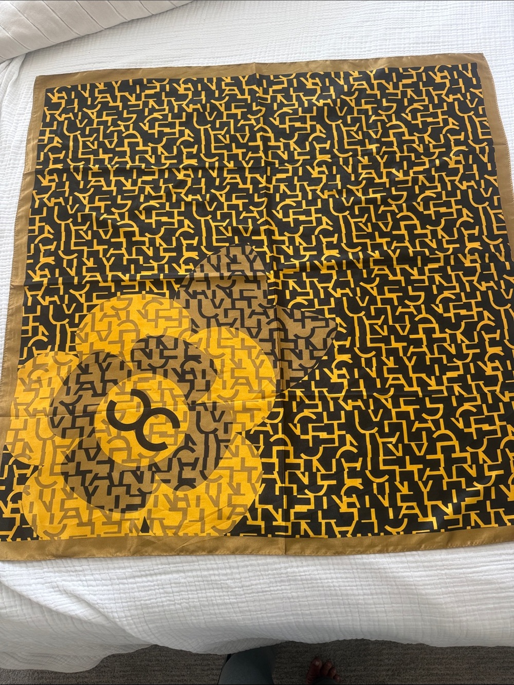 CHANEL Yellow Black Logo Pattern Camellia Silk Scarf
